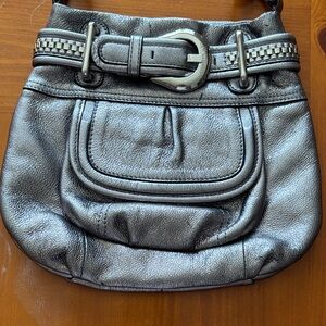 B.Makowsky Metallic Silver Pewter Leather Crossbody Women's Bag Buckle Detail